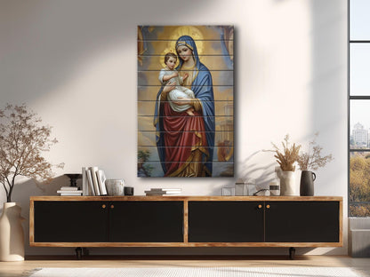 Virgin Mary Wall Art – Natural Wood Plank Art | Christian Wall Decor Print