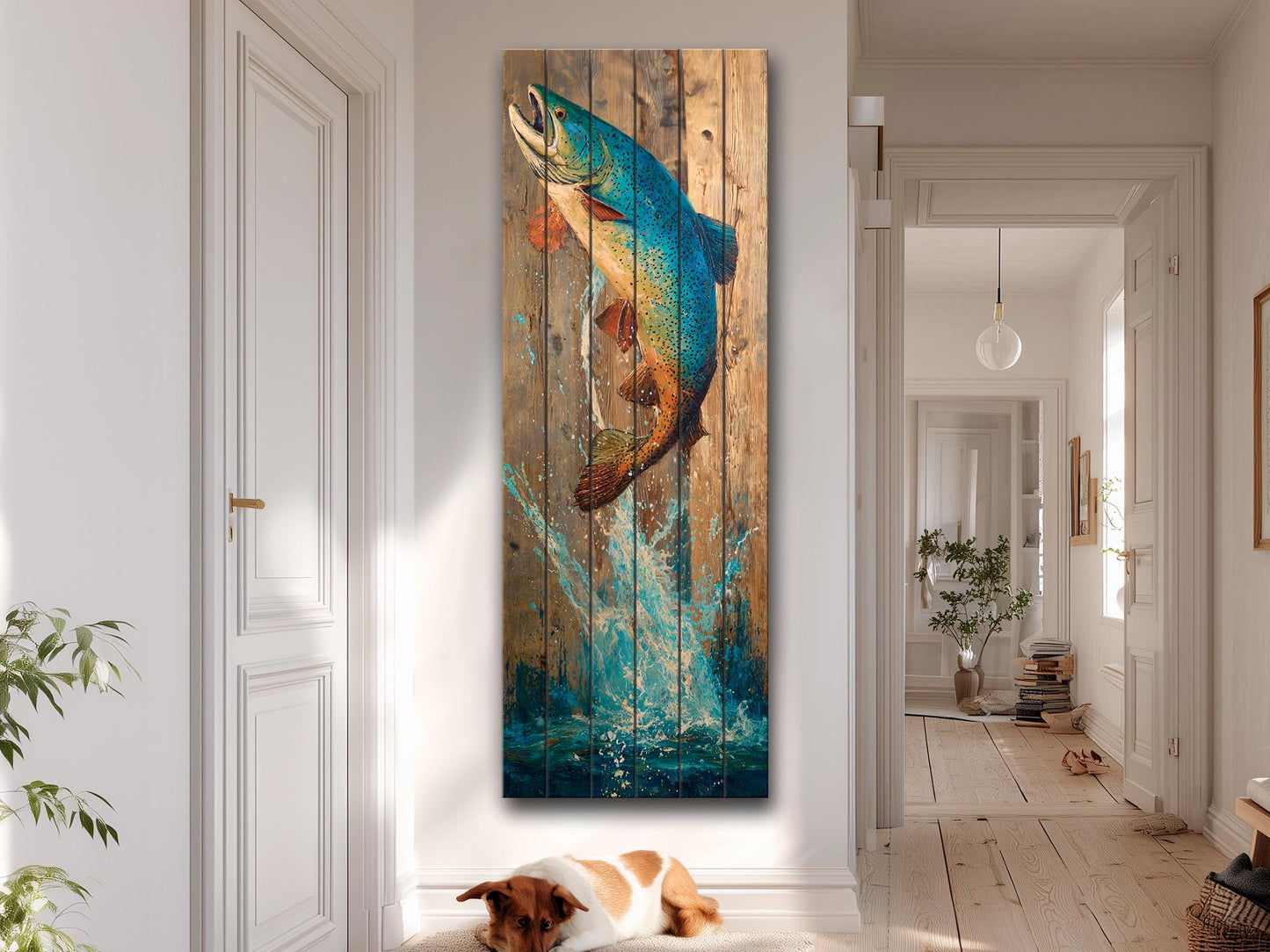 Rustic Wood Wall Art - Trout Painting Print on Wood – Fishing Wall Decor – Leaping Fish Print on Natural Wood