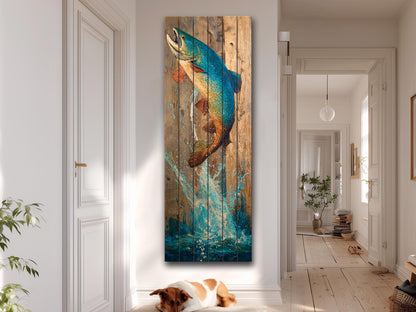 Rustic Wood Wall Art - Trout Painting Print on Wood – Fishing Wall Decor – Leaping Fish Print on Natural Wood