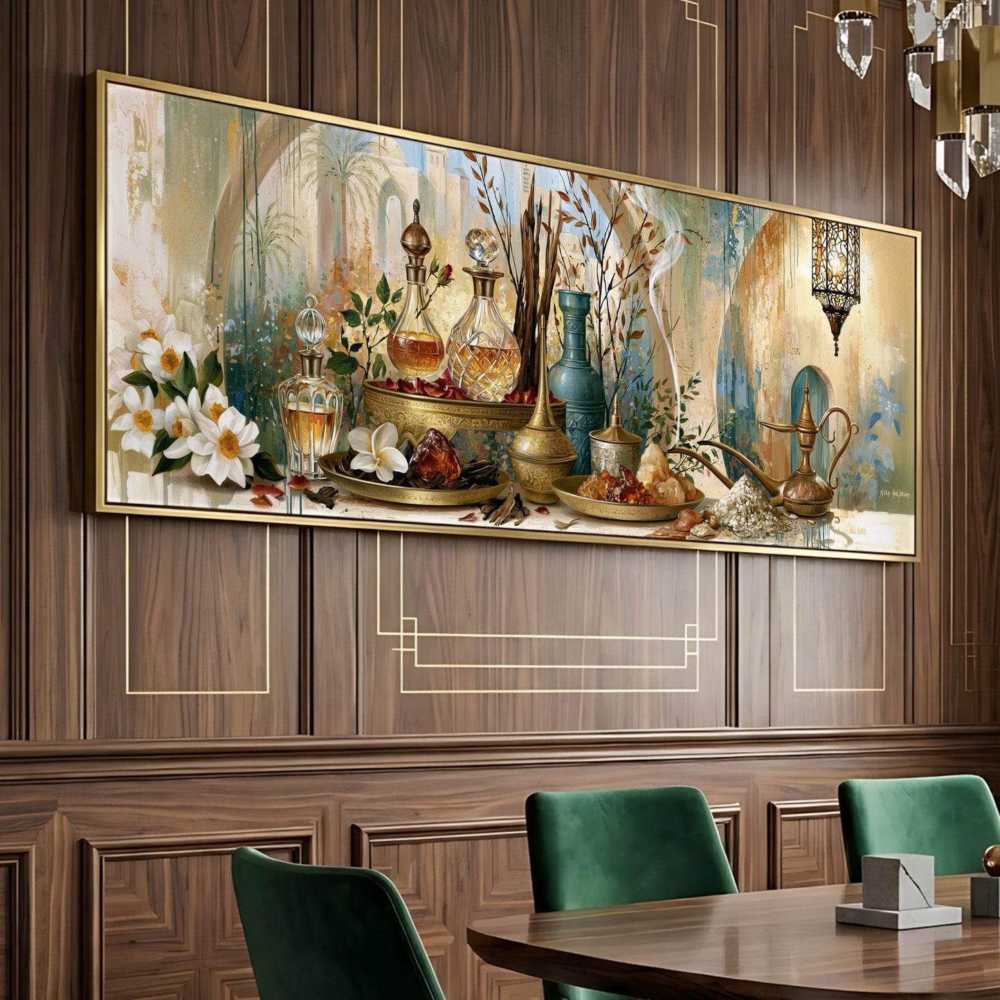 a large, ornate painting of a table set with various objects, including vases, flowers, and other decorative items, hanging on a wooden wall above a dining table with green chairs.