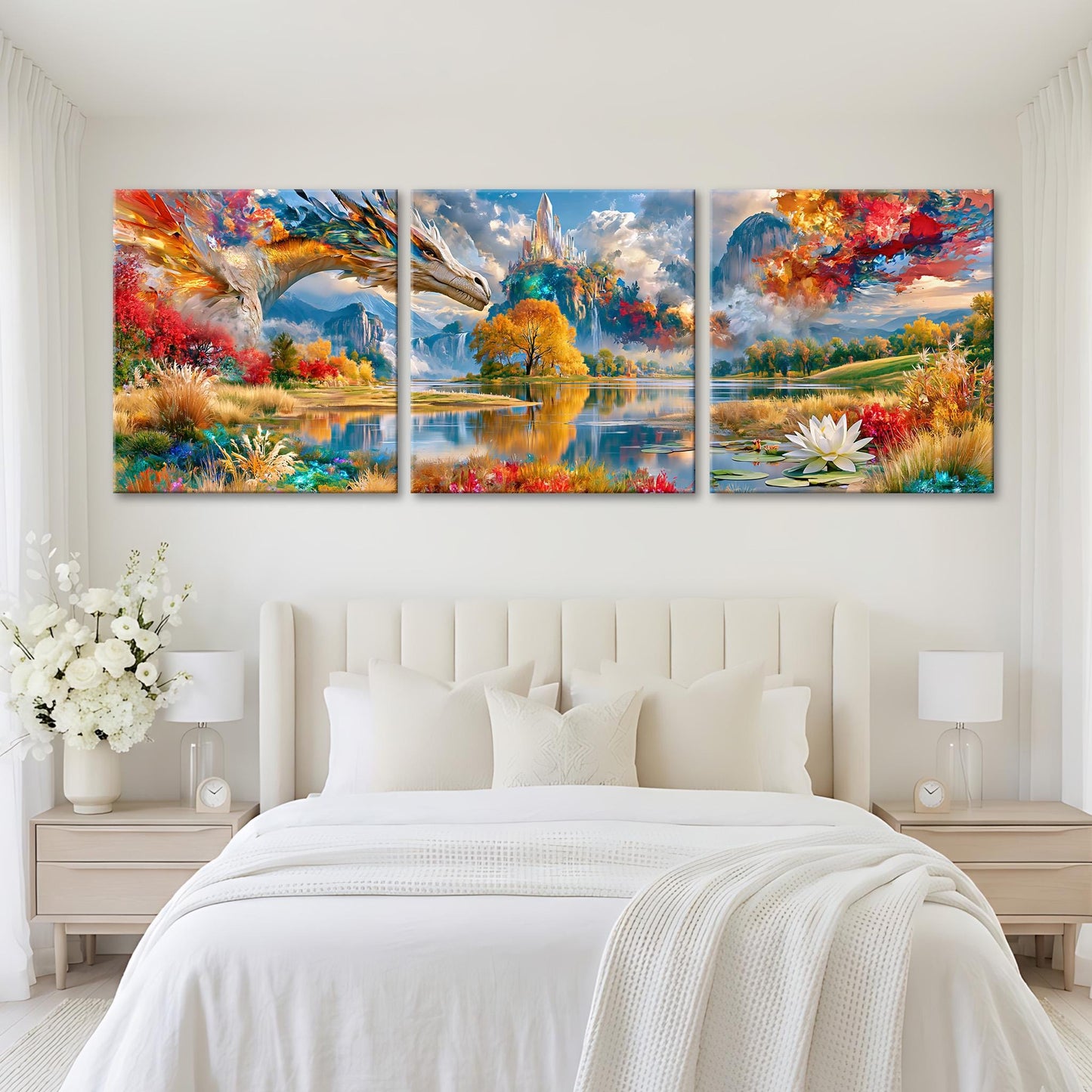 a large, colorful painting of a dragon and a landscape with mountains, flowers, and a lake.
