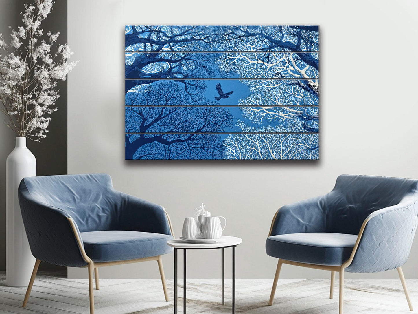 Linocut Wood Art – Enchanted Forest Sky Print | Vibrant UV Wood Decor