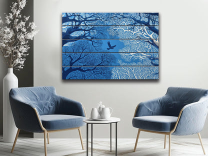 Linocut Wood Art – Enchanted Forest Sky Print | Vibrant UV Wood Decor
