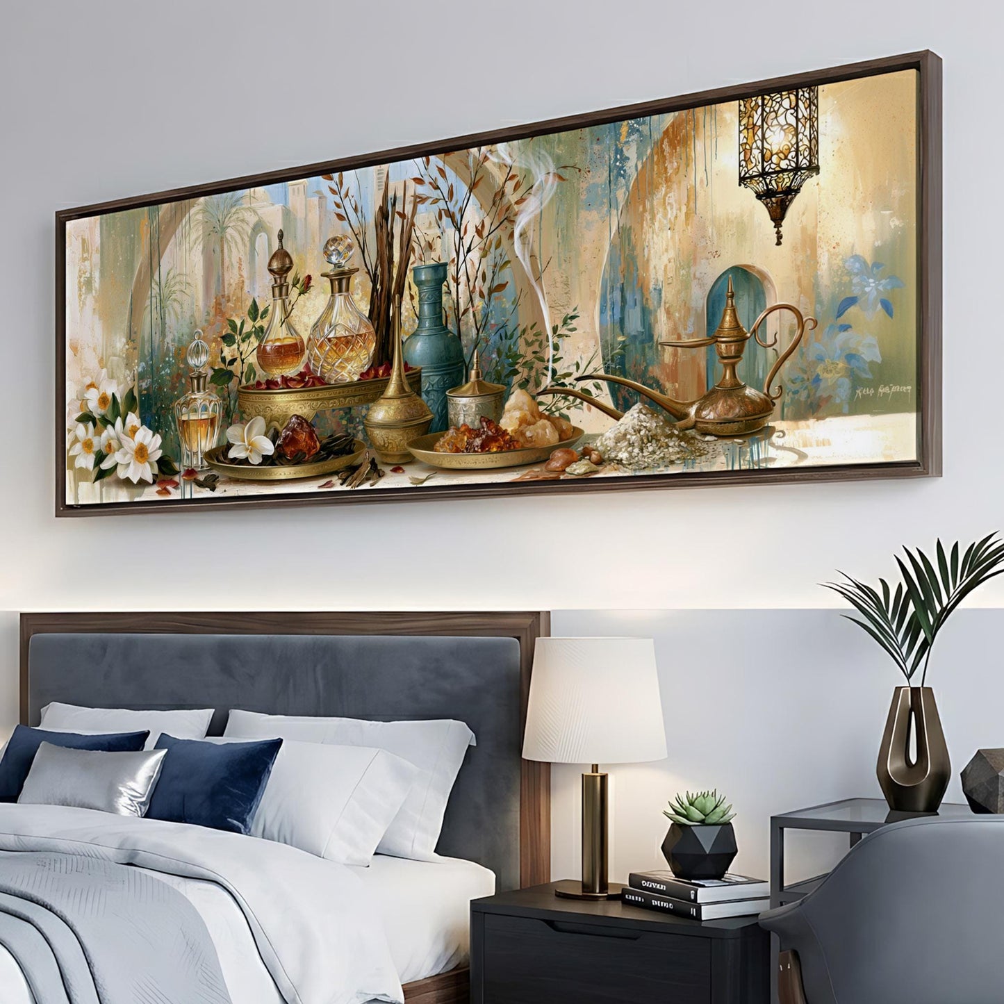 a large painting of various decorative items, including vases, bottles, and other ornamental objects, displayed on a wall above a bed.