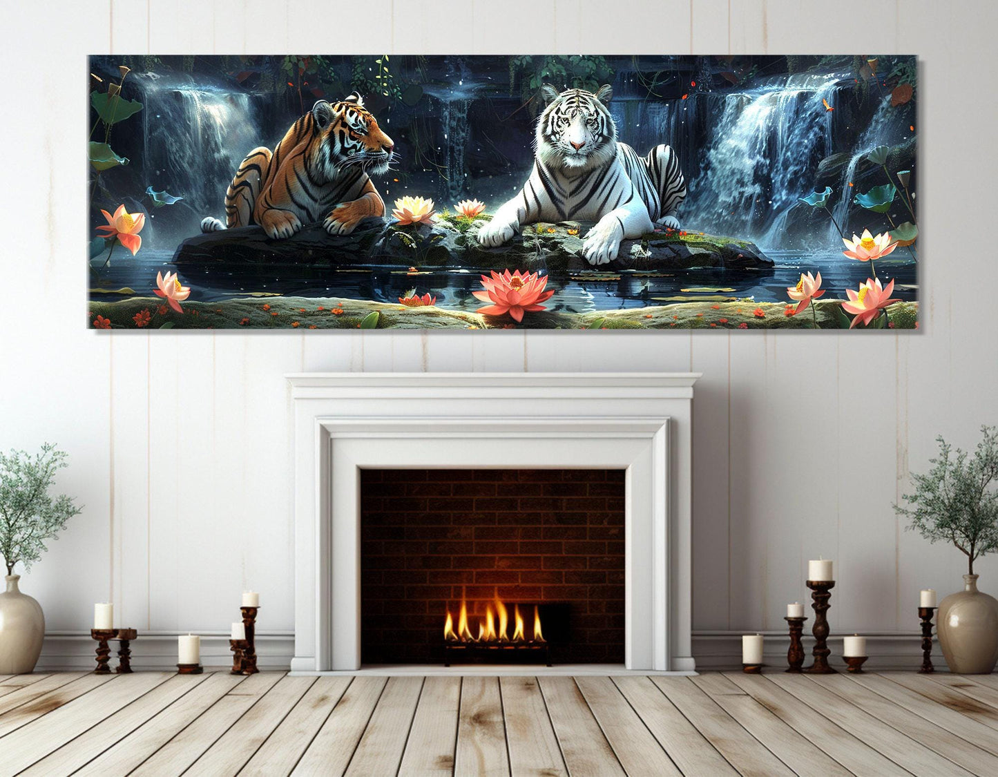 Tigers Wall Art – Scenic Tiger Painting on Cotton Canvas | Large Framed Poster