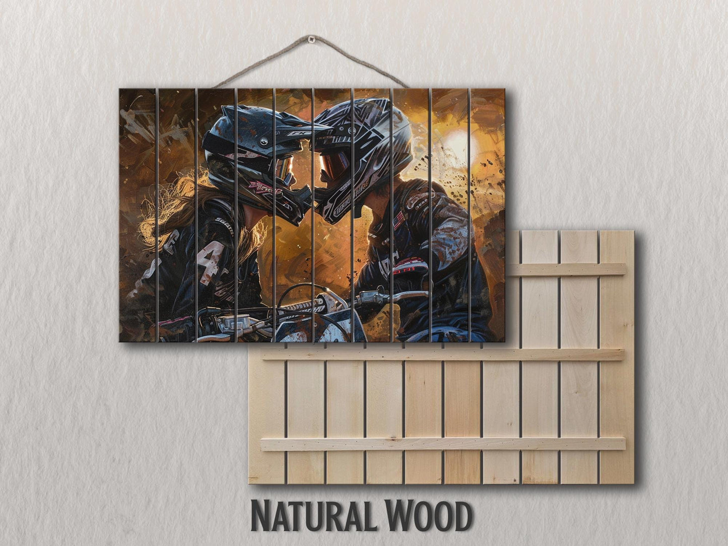 Motocross Wood Art - Couple Bikers Kissing Print on Natural Wood Plank