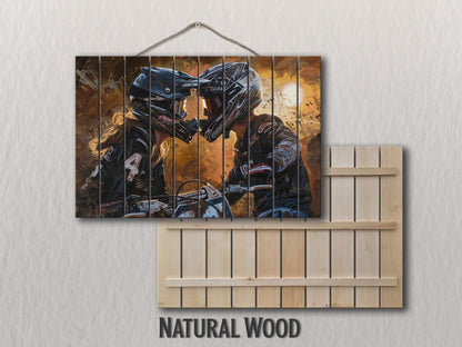 Motocross Wood Art - Couple Bikers Kissing Print on Natural Wood Plank
