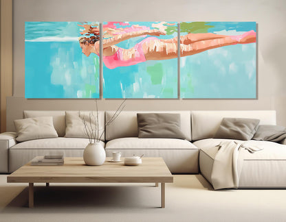 Swimming Wall Art – Lady Swimming Painting Framed Canvas Print, Poolside Decor