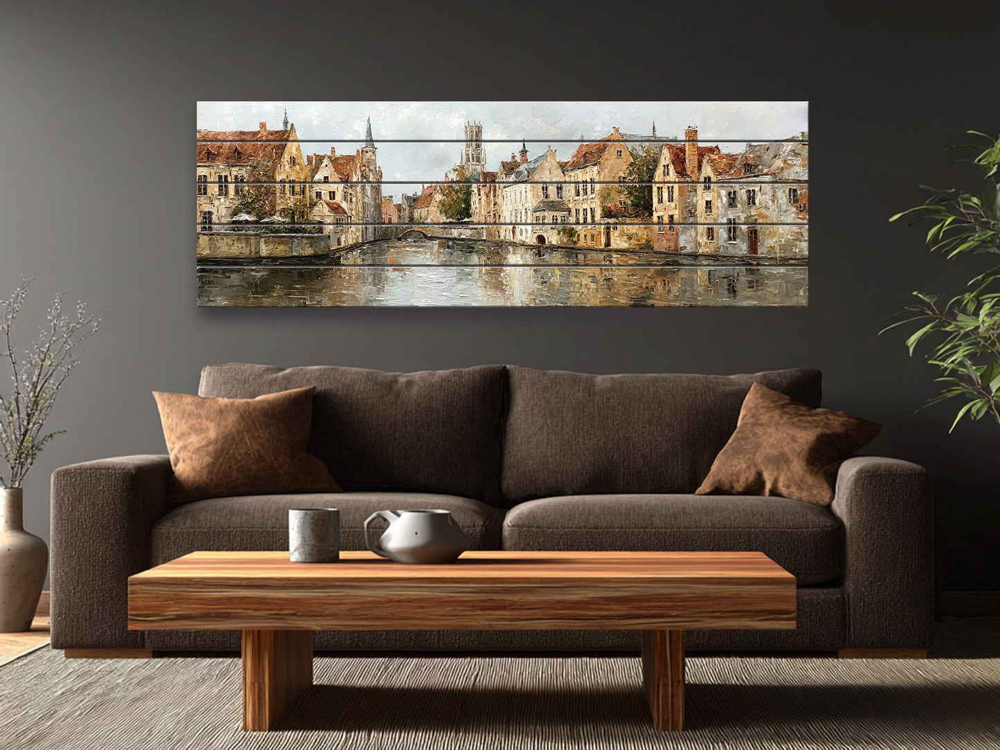 Bruges Canal Wood Print – Rustic Wall Art With Medieval Houses Painting & Beige Light