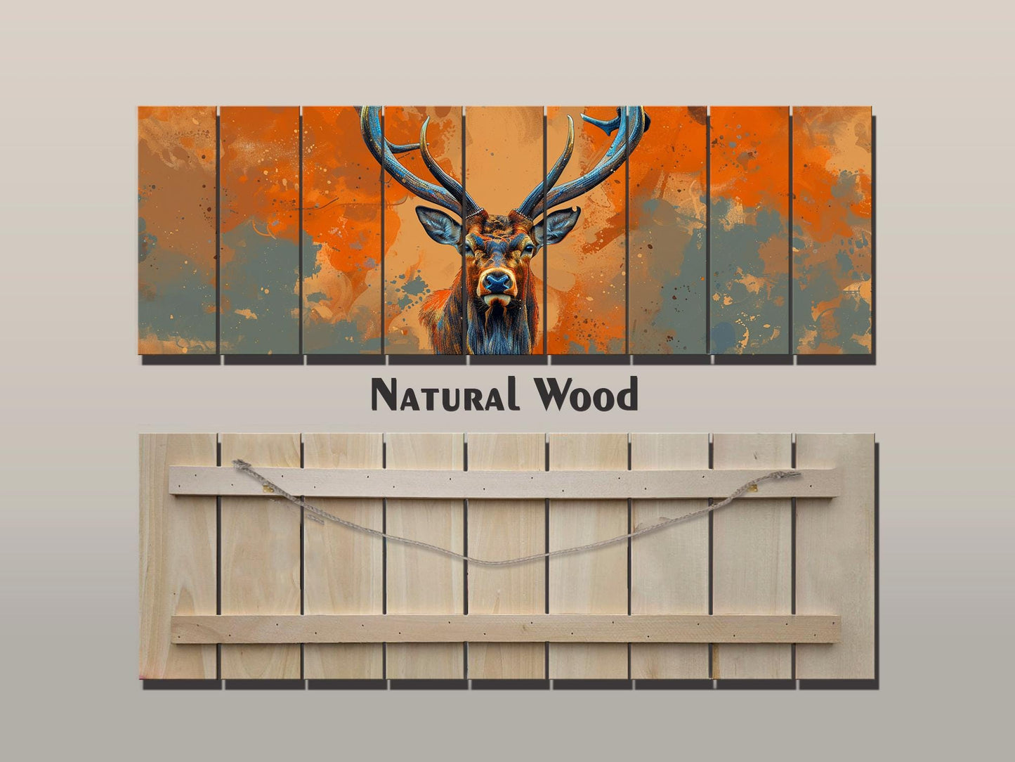 Wood Wall Art – Majestic Deer Print on Natural Wood with Rustic Grain Texture