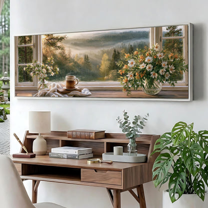 a serene indoor setting with a large painting of a scenic landscape hanging on the wall above a wooden desk. The painting depicts a peaceful scene with a vase of flowers, a cup, and a book, creating a cozy and inviting atmosphere.