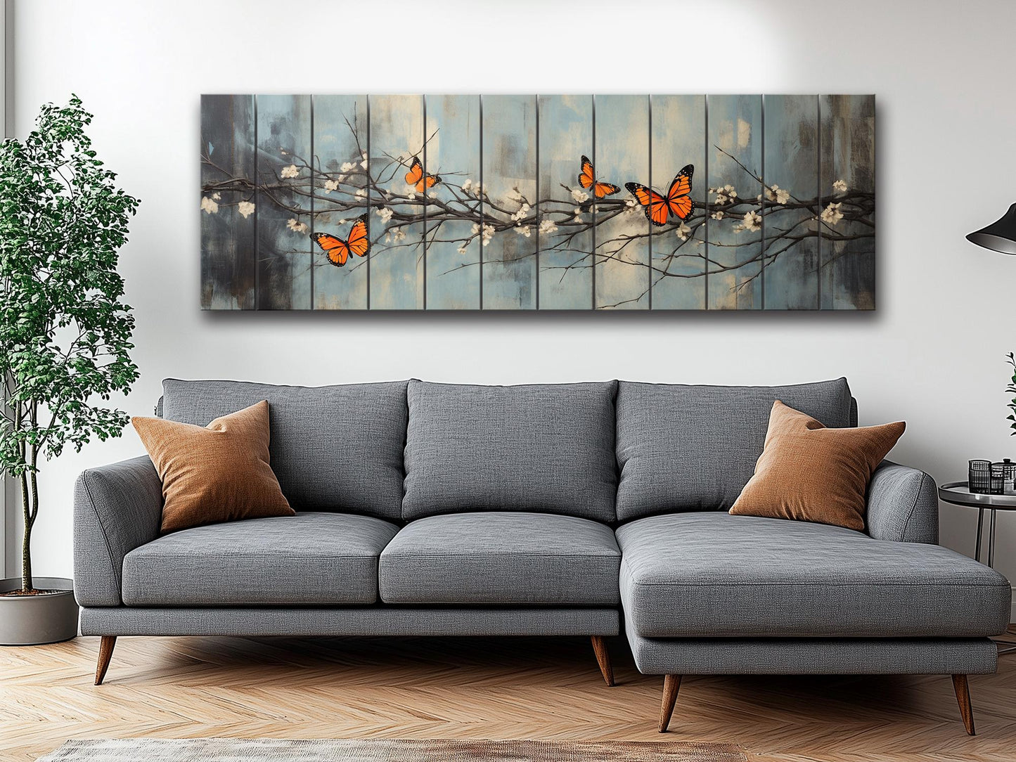 Butterflies on Blossoming Branch Print on Natural Wood – Rustic Nature Wall Art