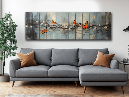Butterflies on Blossoming Branch Print on Natural Wood – Rustic Nature Wall Art