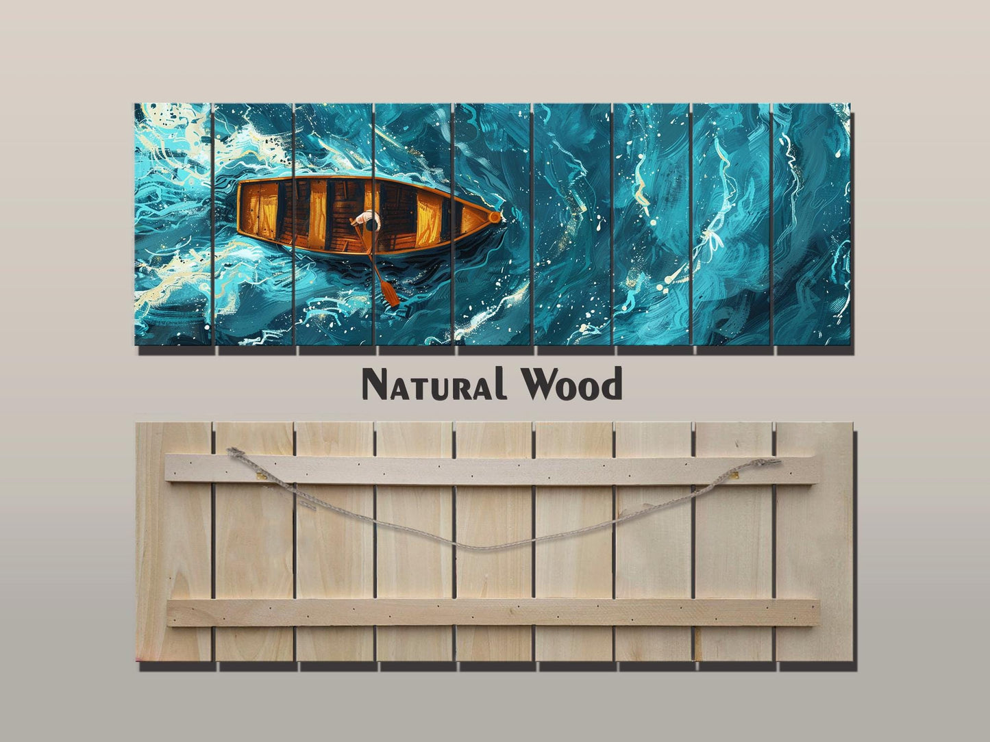 Wood Wall Art – Overhead Rowboat Print on Natural Wood Planks | Colorful Rustic Decor