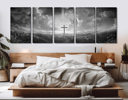 Bible Wall Art – Power of the Cross Framed Canvas Print | Black and White Religious Decor