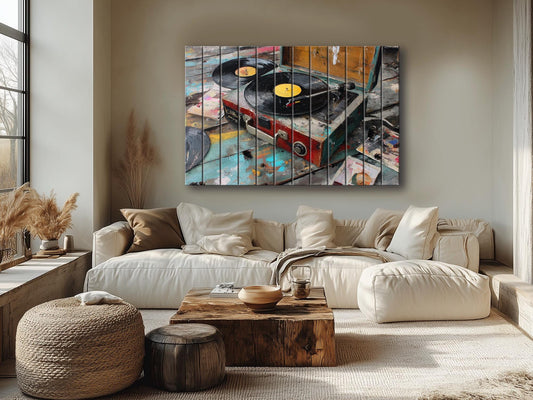 Retro Record Player Art – Vintage Vinyl Wall Art Printed On Natural Wood