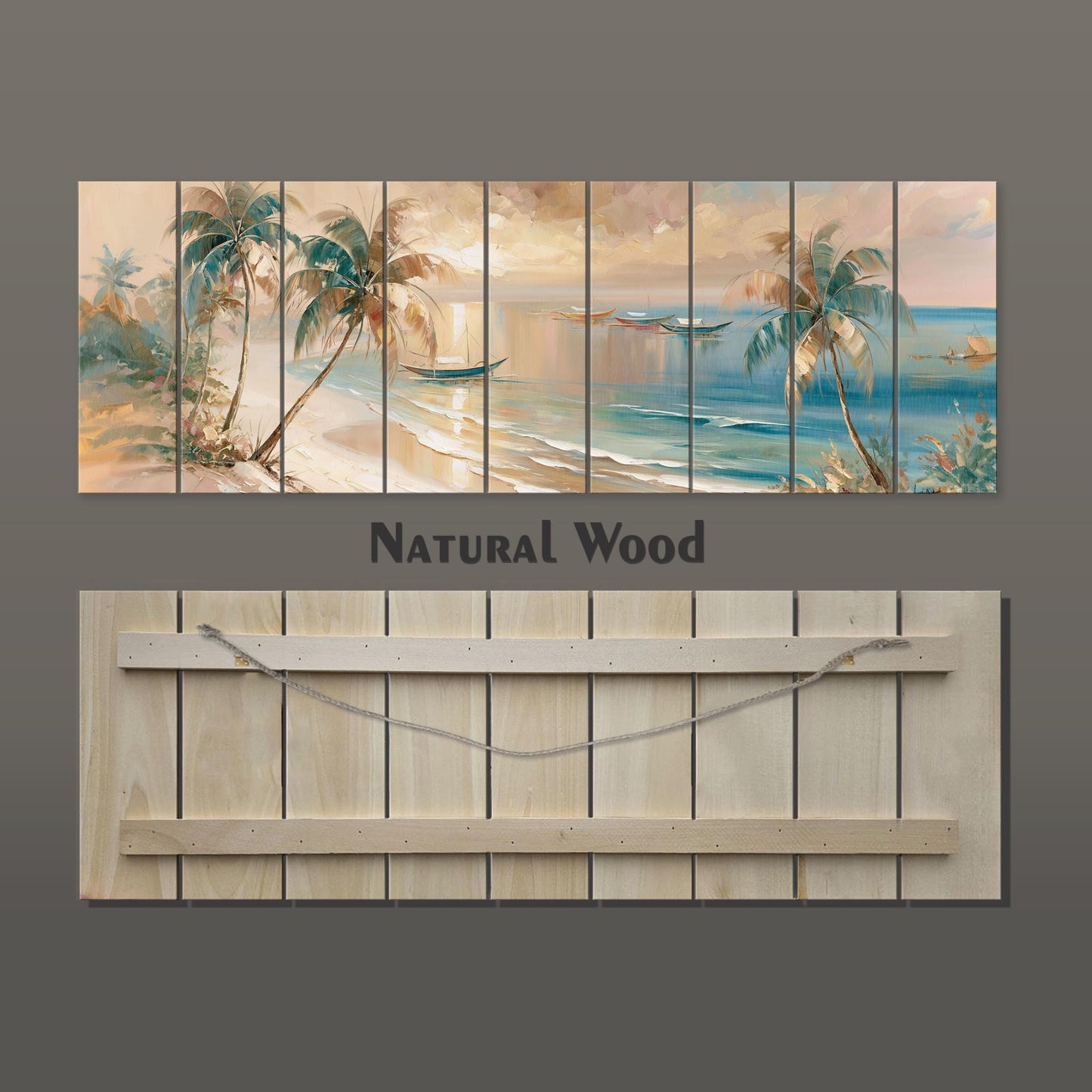 The image is a collage of multiple images depicting a tropical beach scene with palm trees, a boat, and a sunset over the ocean.