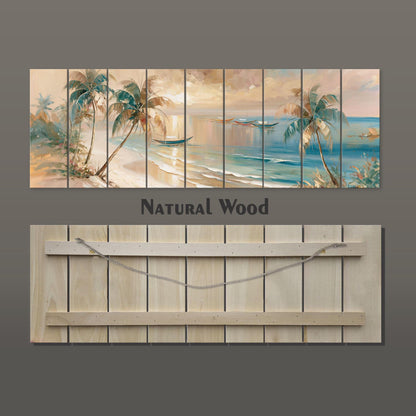 The image is a collage of multiple images depicting a tropical beach scene with palm trees, a boat, and a sunset over the ocean.