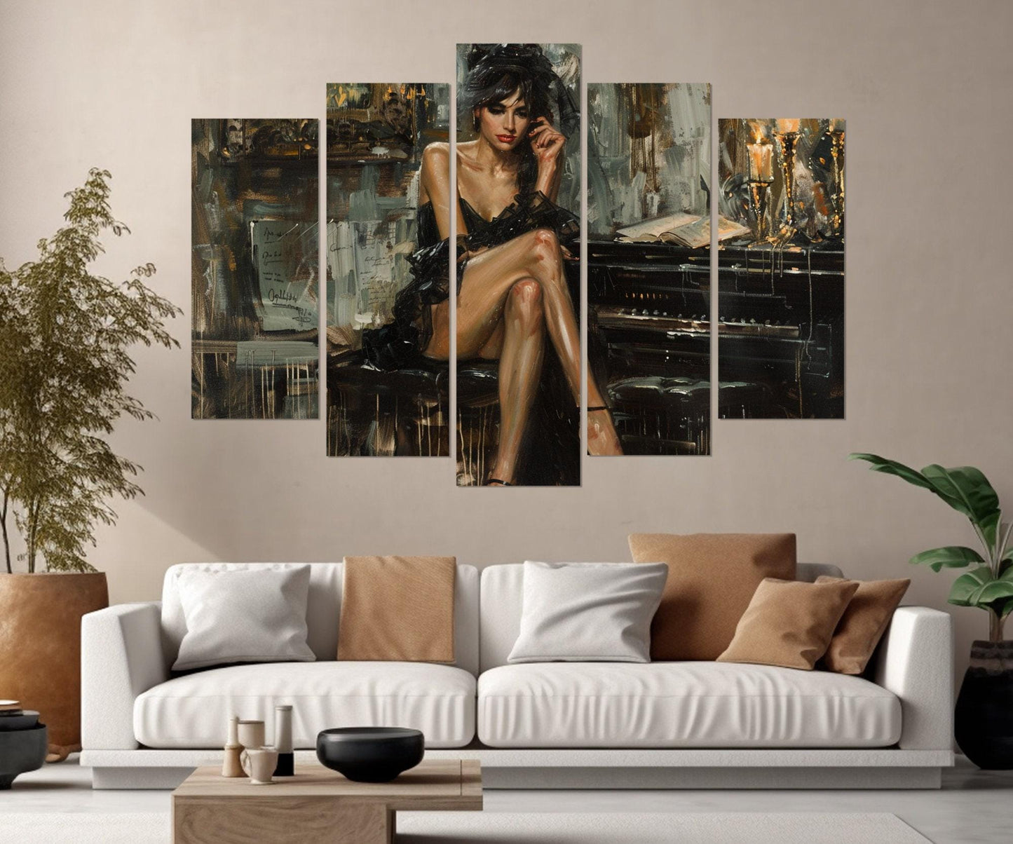 Boldini Style Canvas - Sexy Woman Piano Painting, Framed Ready to Hang