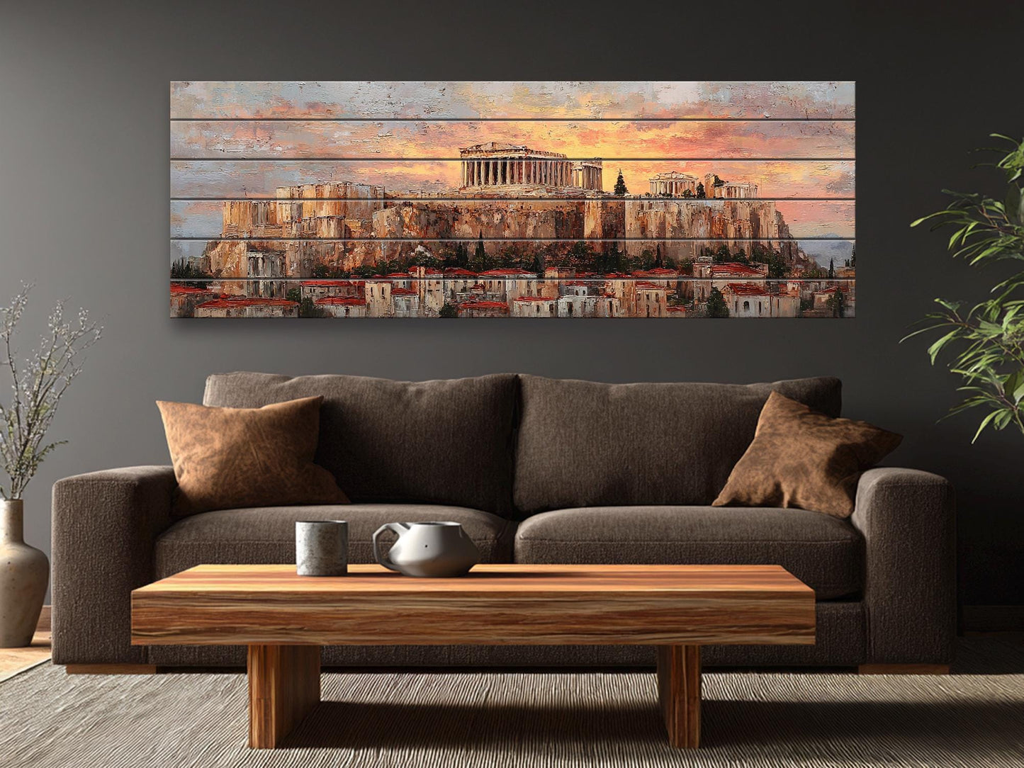 Athens Wood Print – Rustic Wall Art with Acropolis Sunset on Distressed Wood