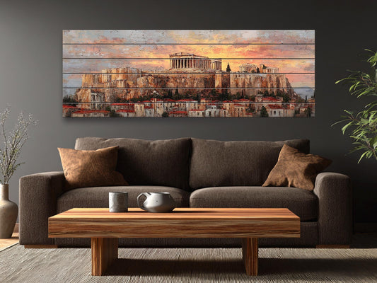 Athens Wood Print – Rustic Wall Art with Acropolis Sunset on Distressed Wood