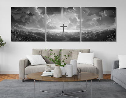 Bible Wall Art – Power of the Cross Framed Canvas Print | Black and White Religious Decor