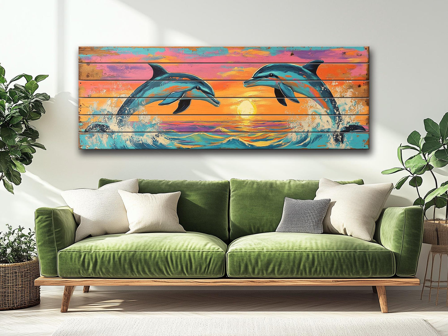 Playful Dolphins Jumping at Sunset Print on Natural Wood, Dolphins Wall Art, Wood Wall Art, Dolphins Painting, Romantic Bedroom Wall Decor