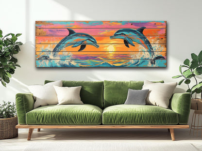 Playful Dolphins Jumping at Sunset Print on Natural Wood, Dolphins Wall Art, Wood Wall Art, Dolphins Painting, Romantic Bedroom Wall Decor