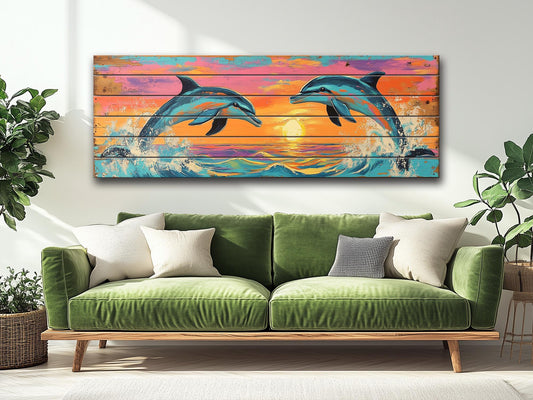 Playful Dolphins Jumping at Sunset Print on Natural Wood, Dolphins Wall Art, Wood Wall Art, Dolphins Painting, Romantic Bedroom Wall Decor