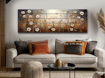 Wildflowers Field Painting Printed on Natural Wood - Wildflowers Field Print