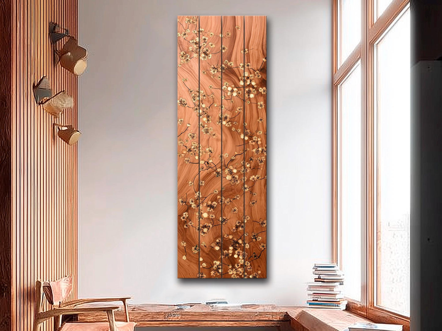 Japanese Blossoms Wall Art – Elegant Brass Inlay Floral Wood Print Decor