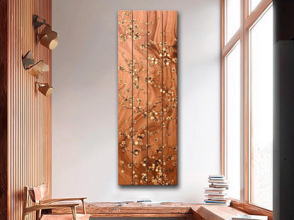Japanese Blossoms Wall Art – Elegant Brass Inlay Floral Wood Print Decor