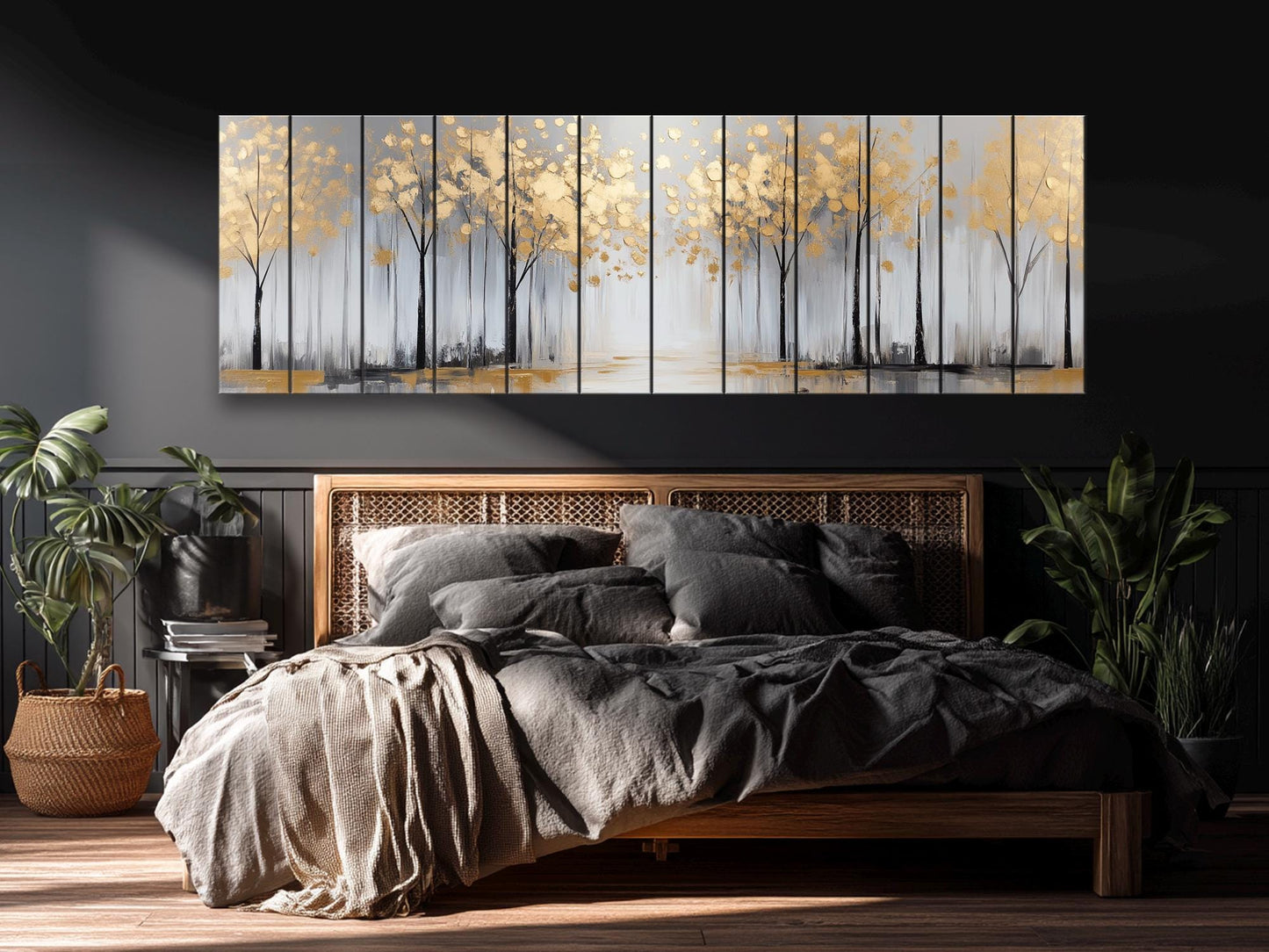 Winter Trees with Golden Leaves Print on Wood - Luxury Wall Art