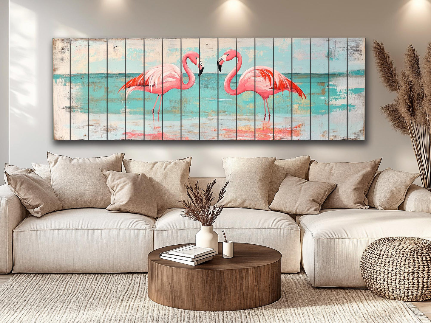 Flamingo Couple Print on Natural Wood, Romantic Wall Art, Rustic Flamingo Painting, Flamingo Wall Art, Soft Tones Bedroom Wall Decor