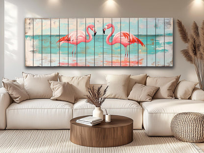 Flamingo Couple Print on Natural Wood, Romantic Wall Art, Rustic Flamingo Painting, Flamingo Wall Art, Soft Tones Bedroom Wall Decor
