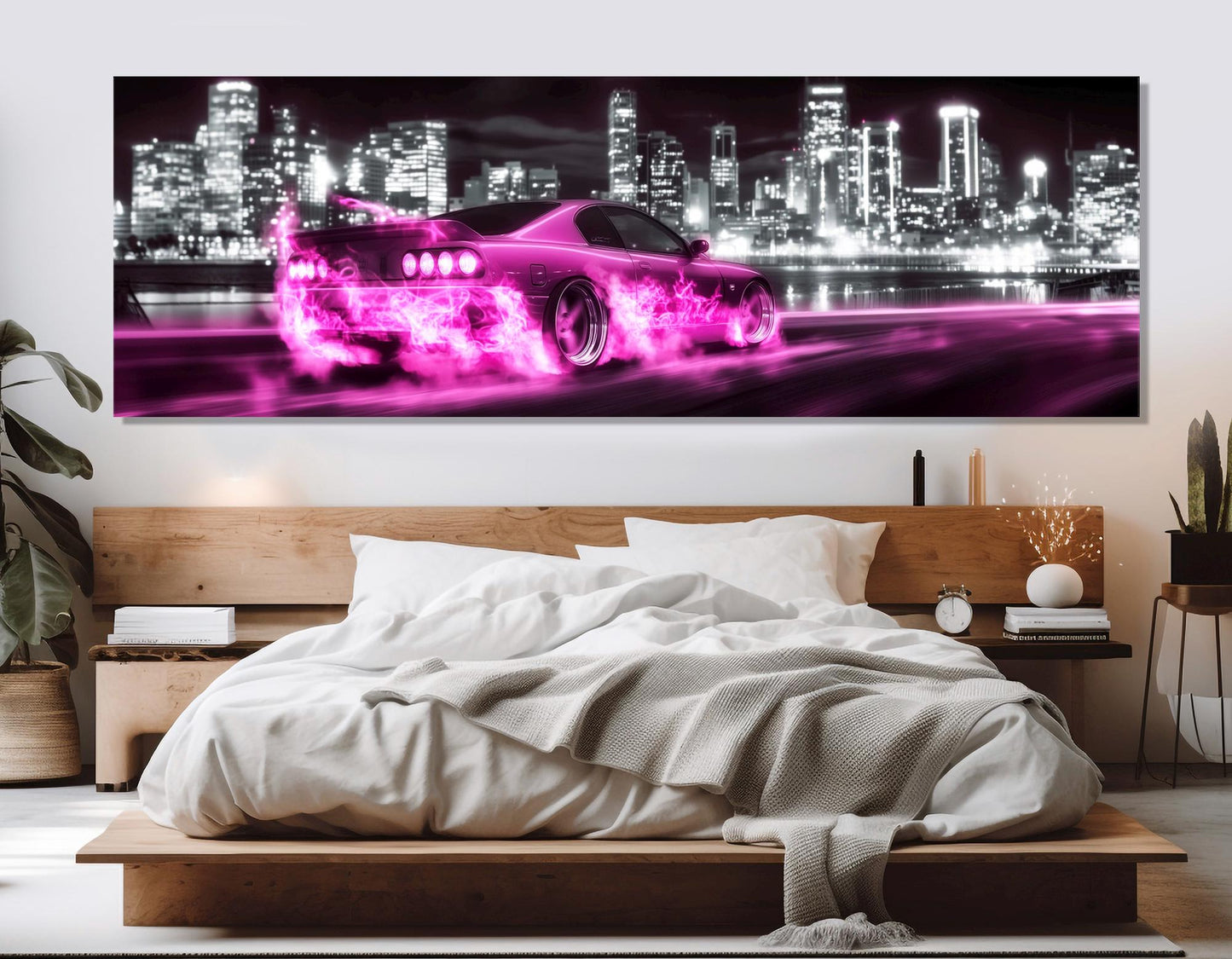 Pink Retro Sports Car | Neon Car Poster - Black and White Cityscape Wall Art