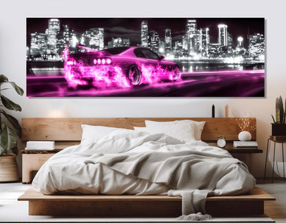 Pink Retro Sports Car | Neon Car Poster - Black and White Cityscape Wall Art