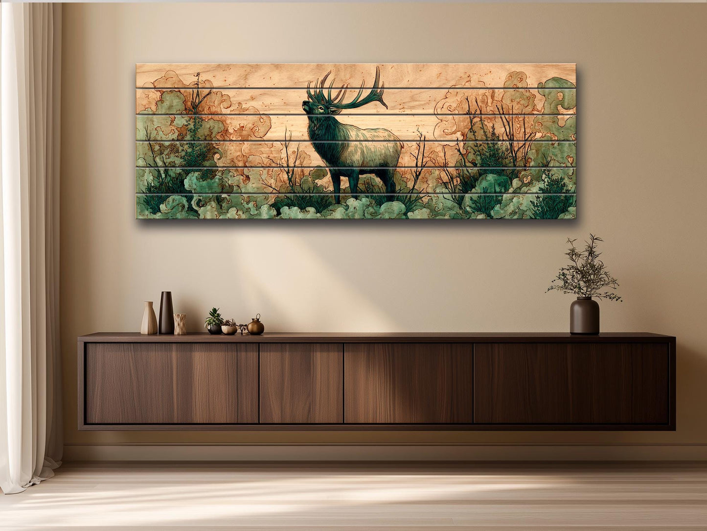 Elk Print On Wood – Rustic Wood Art With Misty Forest Wall Painting & Wildlife Decor