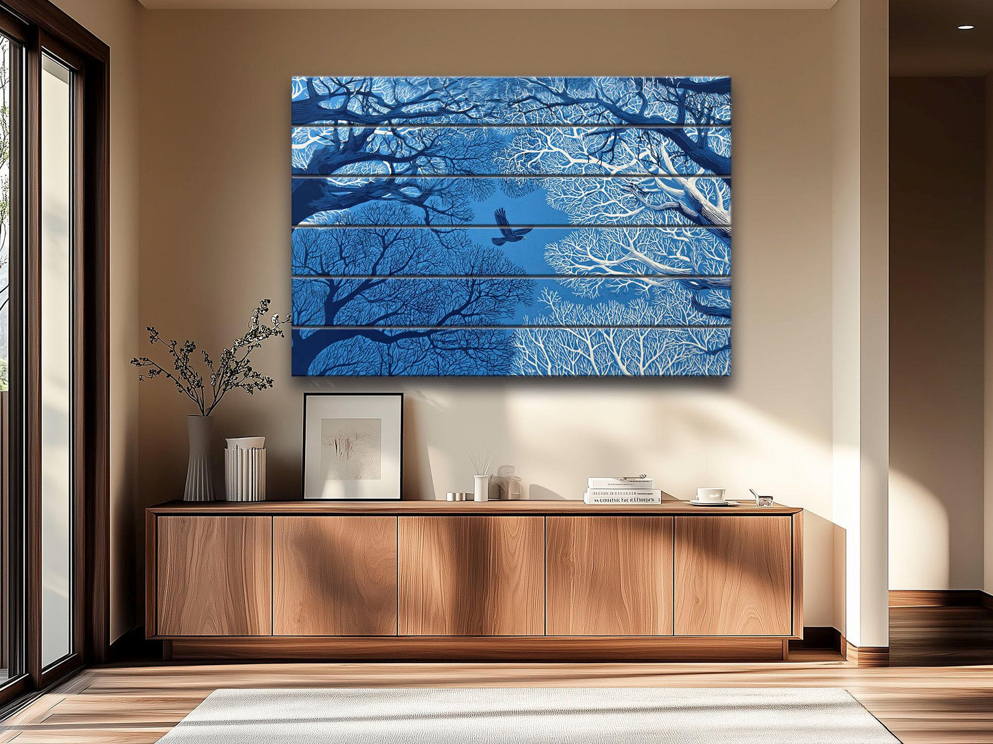 Linocut Wood Art – Enchanted Forest Sky Print | Vibrant UV Wood Decor
