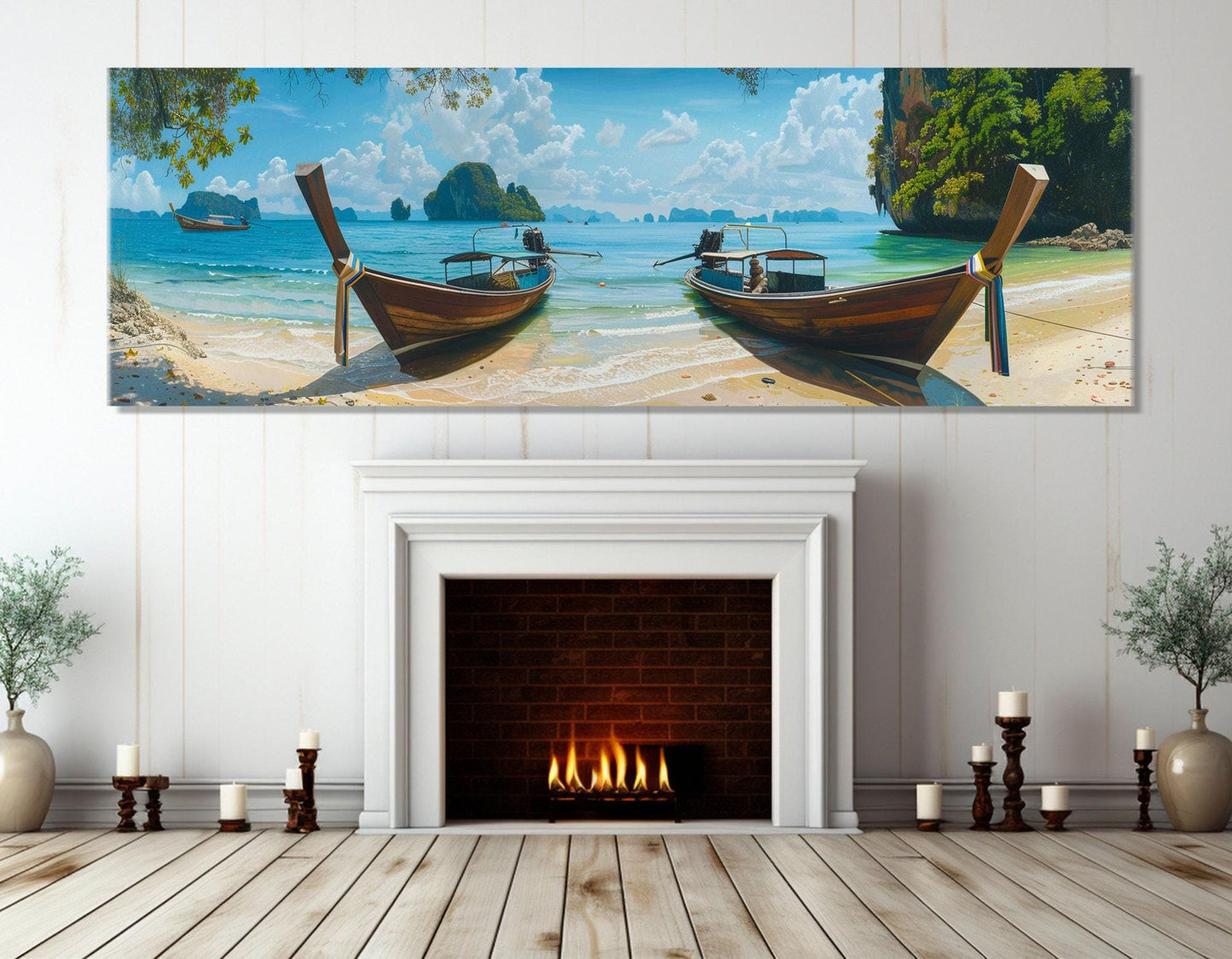 Tropical Beach Canvas Print – Large Boats on Beach Painting | Ready to Hang Art