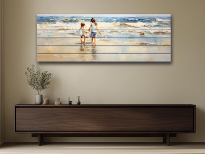 Rustic Wood Wall Art | Wooden Beach Painting with Warm Wood Texture for Kids Room