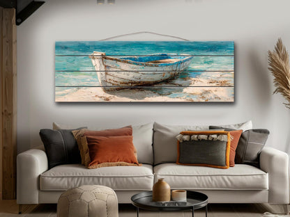 Rowboat Print Wood - Coastal Wall Art | Rustic Seaside Decor On Light Wood
