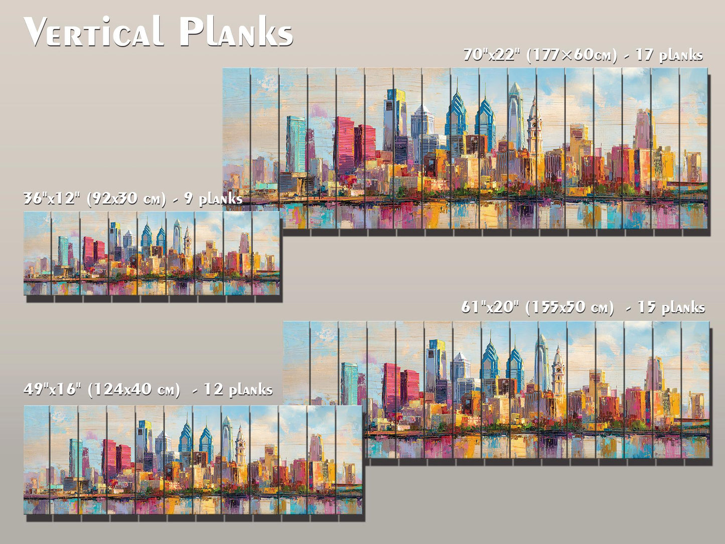 Philadelphia Skyline with Liberty Bell Wood Print – Rustic Wall Art, Bright City Painting on Distressed Wood, Farmhouse Wall Decor