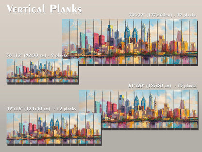 Philadelphia Skyline with Liberty Bell Wood Print – Rustic Wall Art, Bright City Painting on Distressed Wood, Farmhouse Wall Decor
