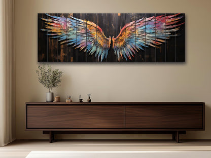 Wings Print Wood - Colorful Abstract Wings on Natural Wood | Rustic Wall Art