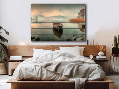 Boat on Misty Lake Print on Wood, Serene Nature Landscape, Rustic Mountain Wall Art