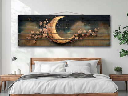Crescent Moon Wall Art – Rustic Wood Print With Flowers | Boho Nursery Decor