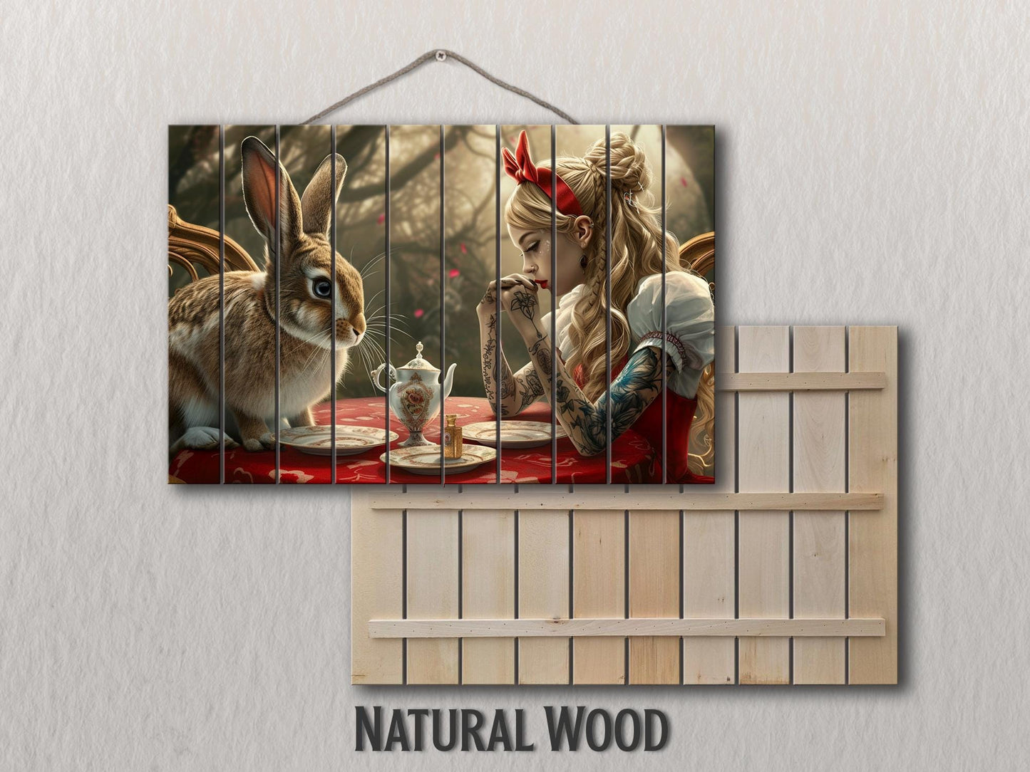 Alice in Wonderland Print – Abstract Wood Wall Art on Natural Plank Decor