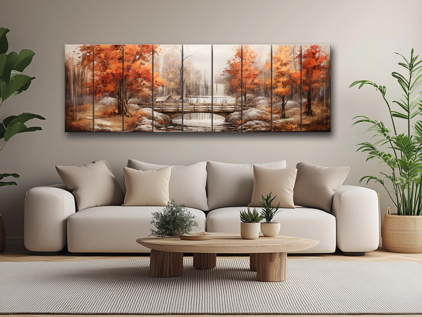 Rustic Autumn Wall Art - Wooden Waterfall Painting On Natural Wood Panel