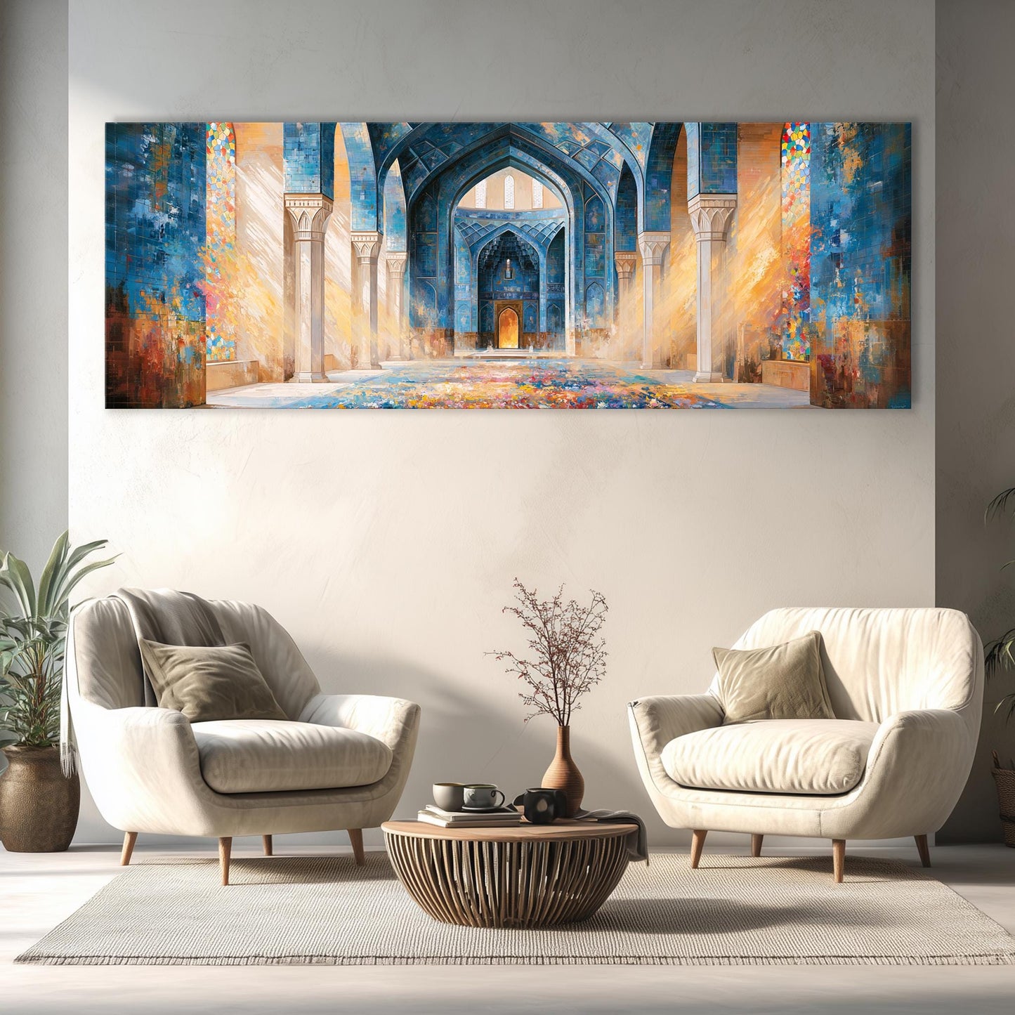 a large, colorful painting of an ornate, blue and gold architectural structure, which appears to be a mosque, hanging on a wall above a living room setting with two white armchairs and a coffee table.